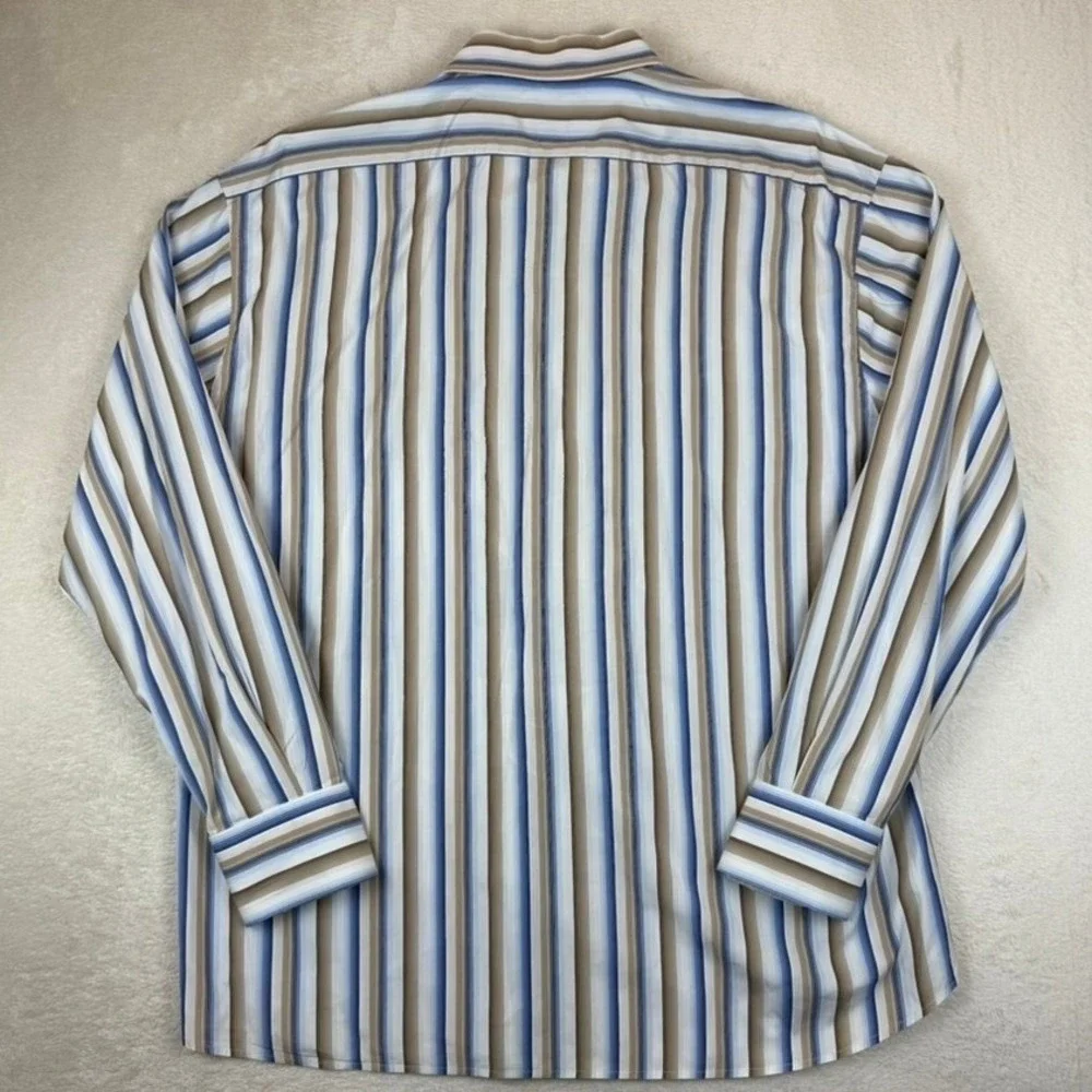 Faconnable Mens XXL‎ Blue/Tan/White Striped Long Sleeve Button Down Cotton Shirt